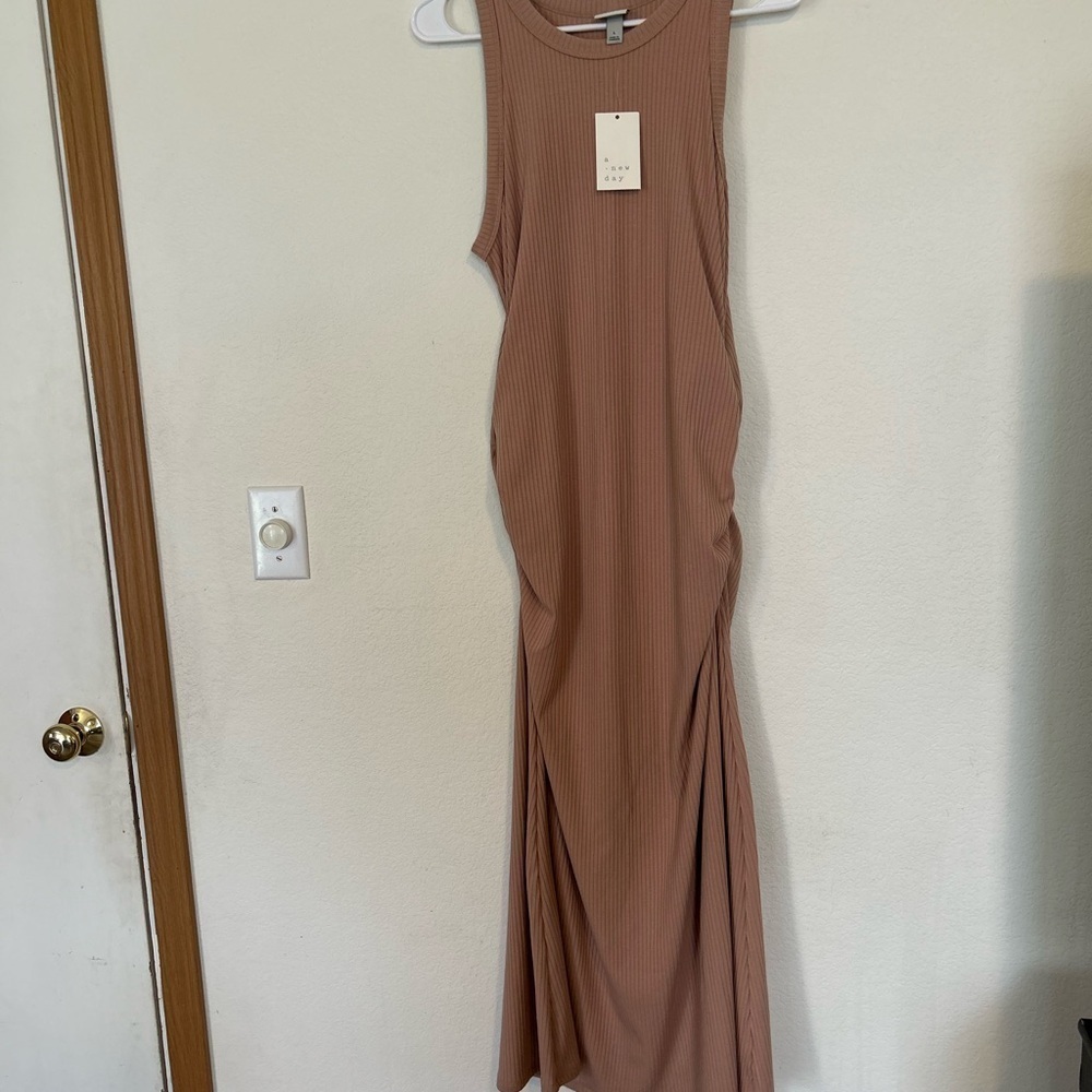 NWT a. New day Large Sleevless Ribbed cinched side detail dress in latte brown